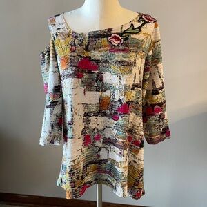 MISHCA one cold shoulder multi color women TOP A-line. Embroidery SZ L